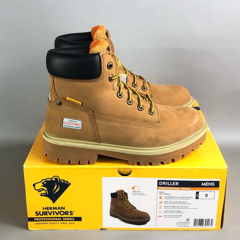 Herman Survivors Men’s Tan Work Boots — Driller Professional Steel Toe Size 8